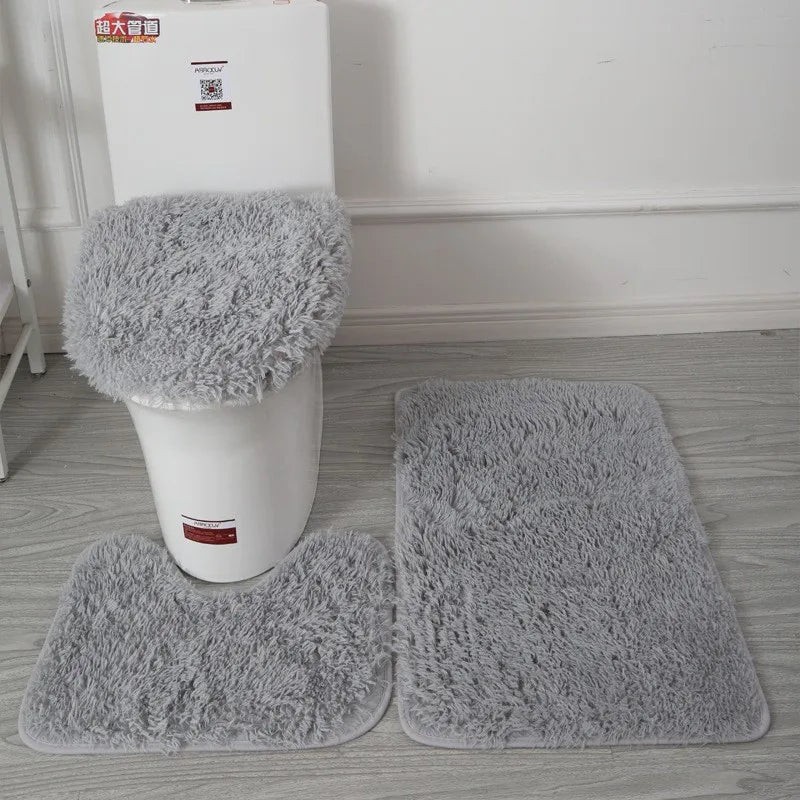 3PCS/set Solid Color Bathroom Mat Set Fluffy Hairs Bath Carpets Modern Toilet Lid Cover Rugs Kit Rectangle U-shape Floor Mats