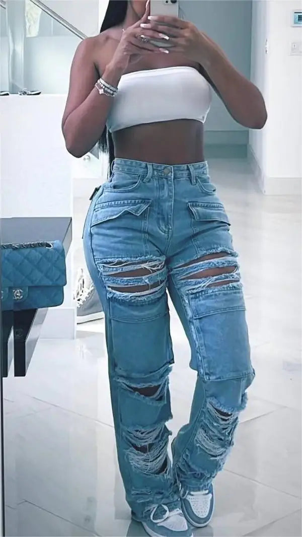 Women Jeans Denim Patchwork Straight Pants Holes Distressed Pockets Washing High Street Low Waist Zipper Fly Flat Winter