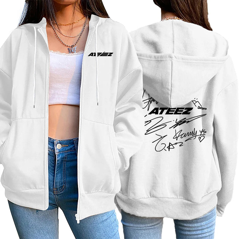 K-pop Fashion Hoodies for Women 2025 New Arrival Girls ATEEZ Signature Fans Zipper Jackets All Season Daily Casual Sports Coats