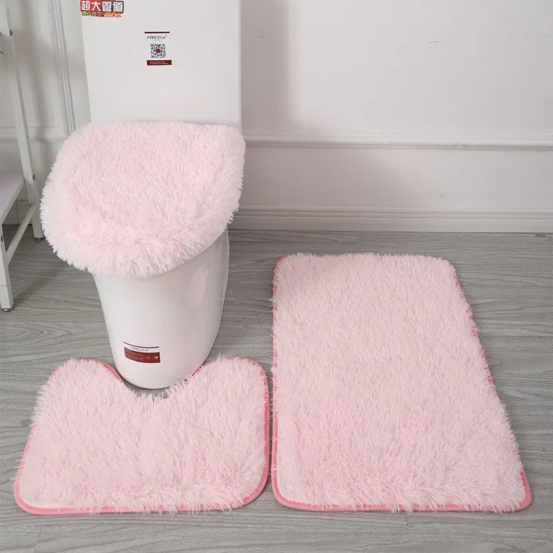 3PCS/set Solid Color Bathroom Mat Set Fluffy Hairs Bath Carpets Modern Toilet Lid Cover Rugs Kit Rectangle U-shape Floor Mats
