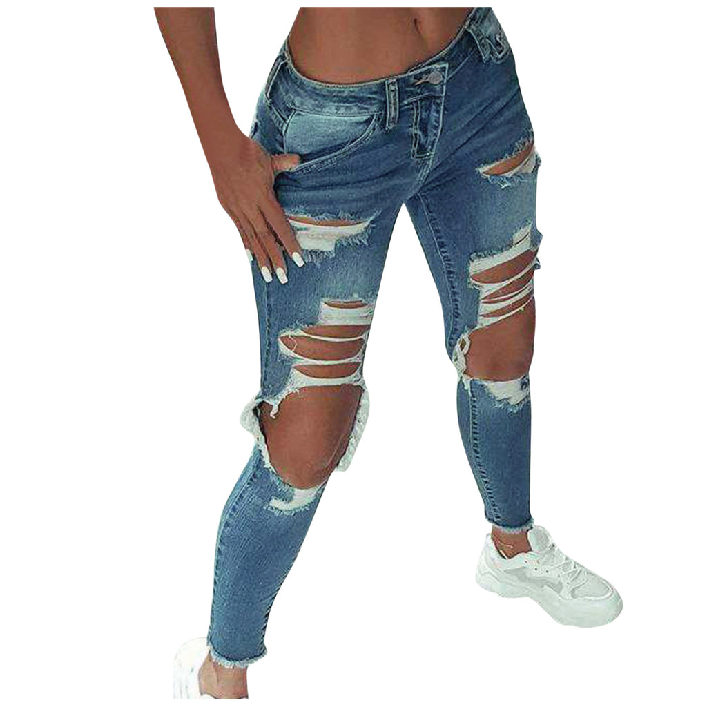 2023 New Women Fashion Mid Waist Boyfriend Big Ripped Hole Jeans Casual High Street Denim Pants Sexy Vintage Pencil Jeans