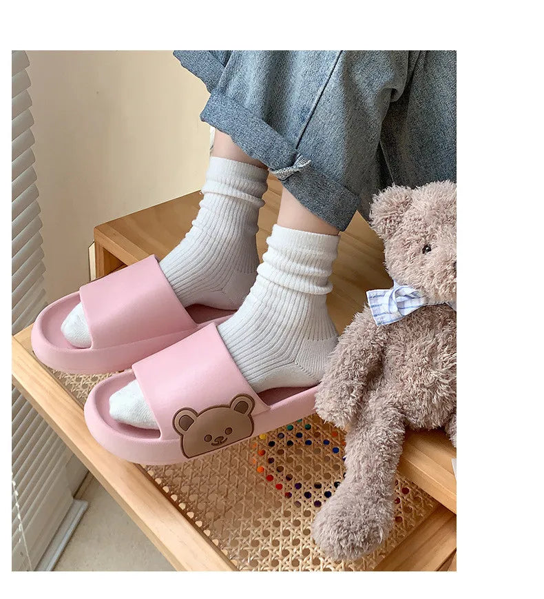 Summer Men Slippers Indoor Women Bathroom Soft Sole Non-slip Slides Home Cartoon Bear Flip Flops Beach Sandals Ladies Shoes