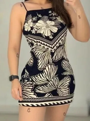 Butterfly Print Pattern, Thin Shoulder Strap, Sleeveless, sexy Dress with Detachable Vest.