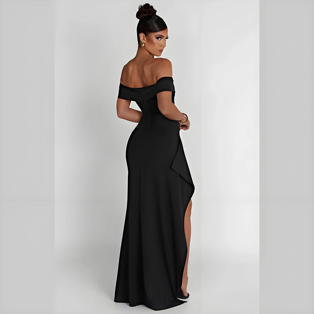 Elegant Evening Dress, Solid Color, Off-Shoulder, Women's Sexy High-Waisted Side-Slit Long Dress, Formal Maxi Ladies' Party Evening Dress