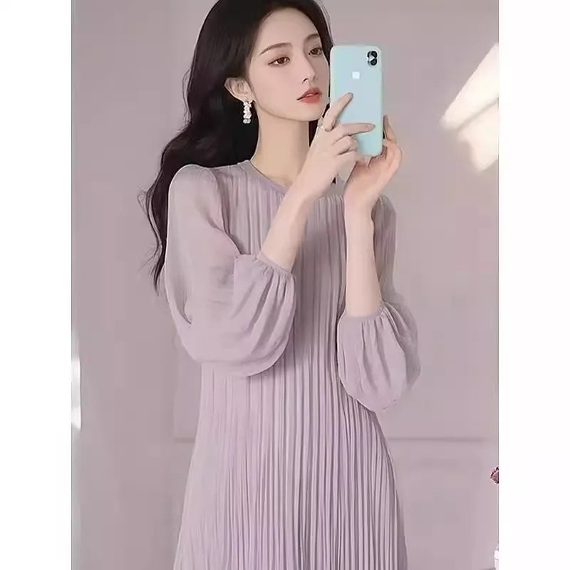 French Dress For Women Spring 2025 High-End Loose And Blue Chiffon Round Neck Long Sleeved Pleated Dress w531