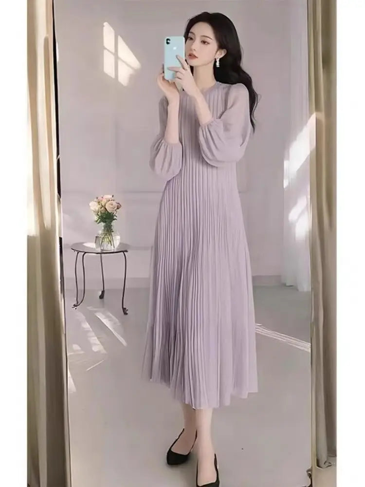 French Dress For Women Spring 2025 High-End Loose And Blue Chiffon Round Neck Long Sleeved Pleated Dress w531