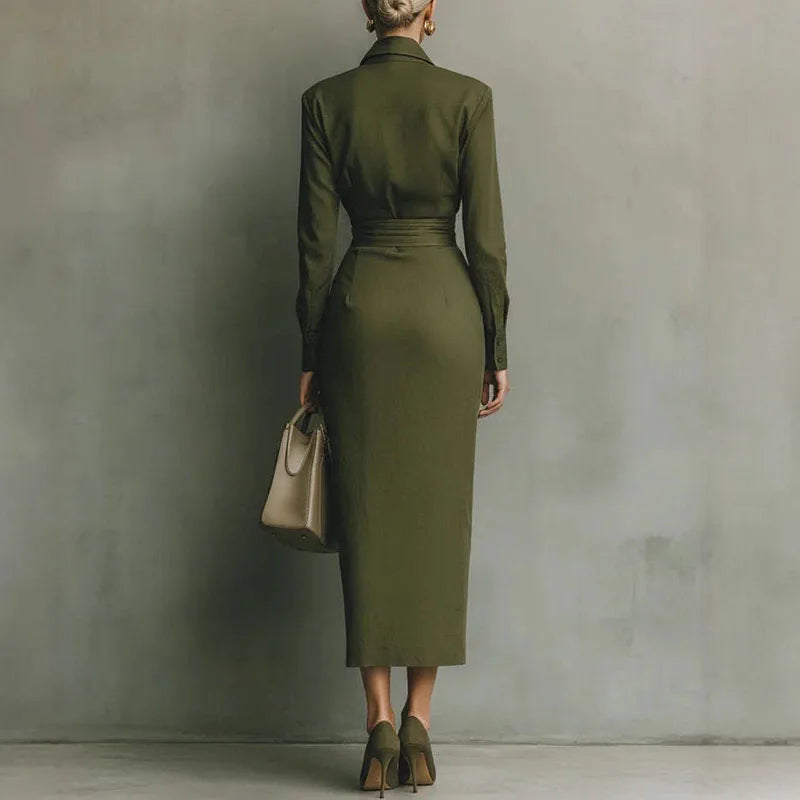 Elegant Dresses Woman Spring Polo Collar Button High Waist Slim Bodycon Dress Autumn Long Sleeve Solid Office Lady Dress Vestido