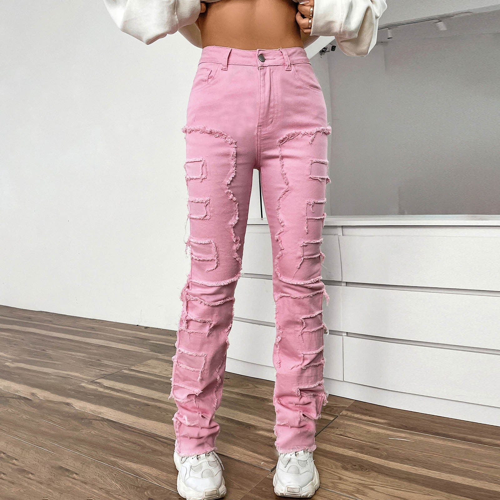 Vintage Y2k High Waisted Jeans Stretch Patch Denim Stacked Straight Leg Embroidered Straight Leg Pants Baggy Jeans For Women