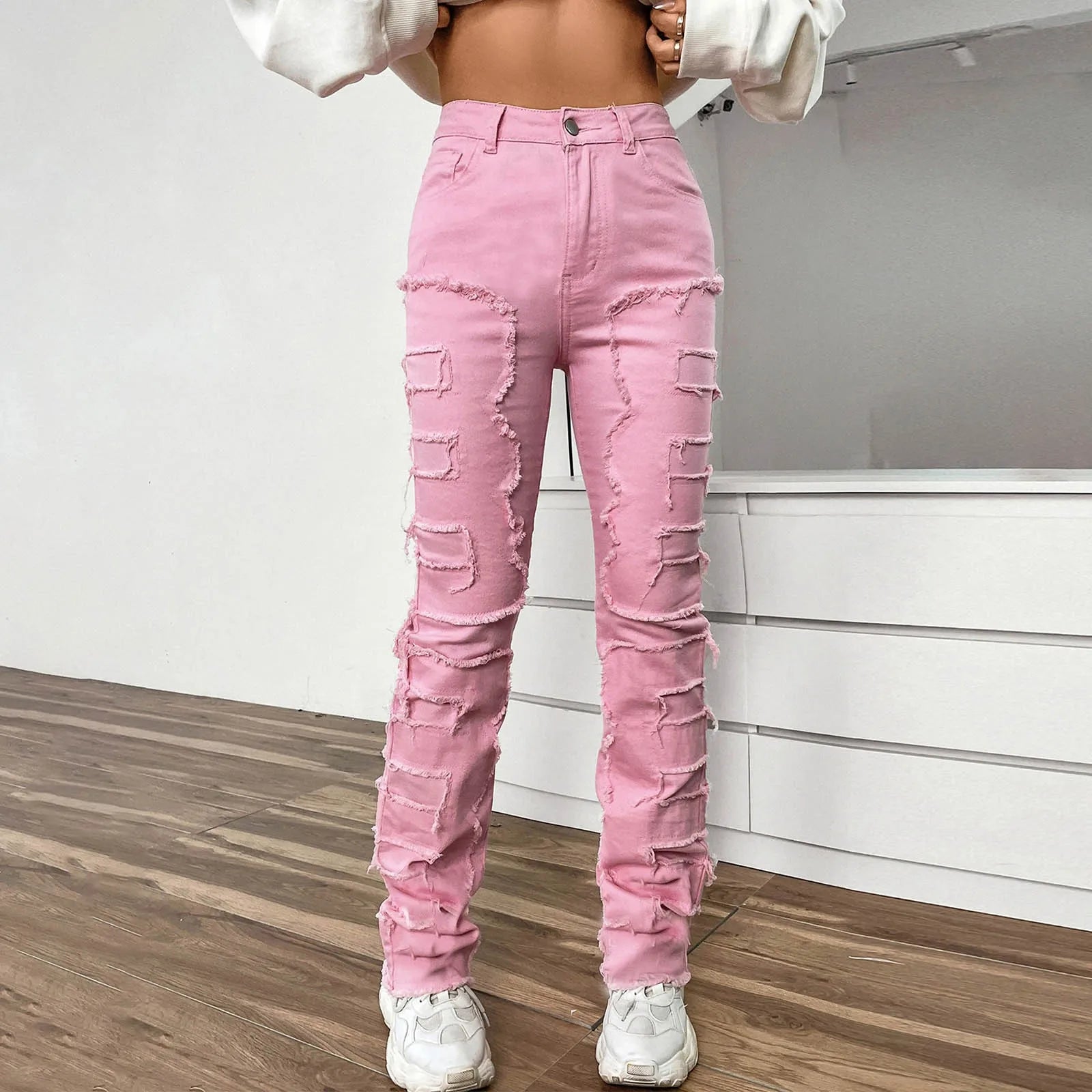 Vintage Y2k High Waisted Jeans Stretch Patch Denim Stacked Straight Leg Embroidered Straight Leg Pants Baggy Jeans For Women