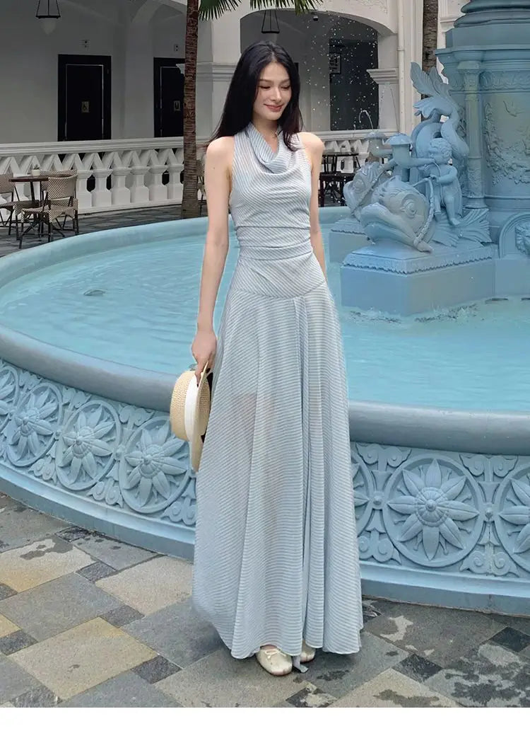 French Holiday Style Blue-green Striped Chiffon Waist-cinching Long Halter Neck Dress for Women, New Summer 2026