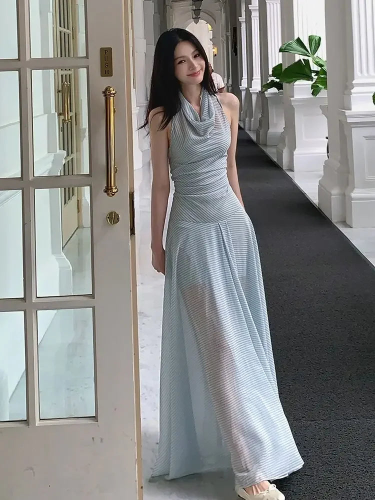 French Holiday Style Blue-green Striped Chiffon Waist-cinching Long Halter Neck Dress for Women, New Summer 2026