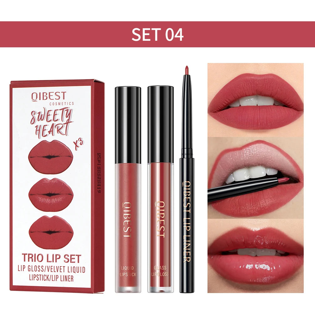 3pcs Lip Makeup Sets Lip Gloss Glaze Tint Long-lasting Matte Liquid Lipstick Waterproof Sweatproof Lip Liner Pencil Contour Kits