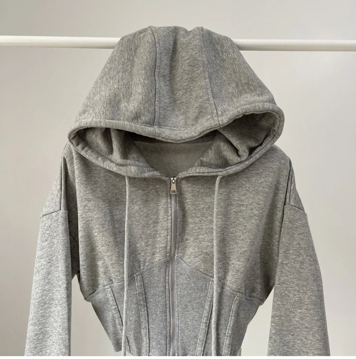 Hooded hoodie women's ultra short waist cinched open top jacket with exposed navel