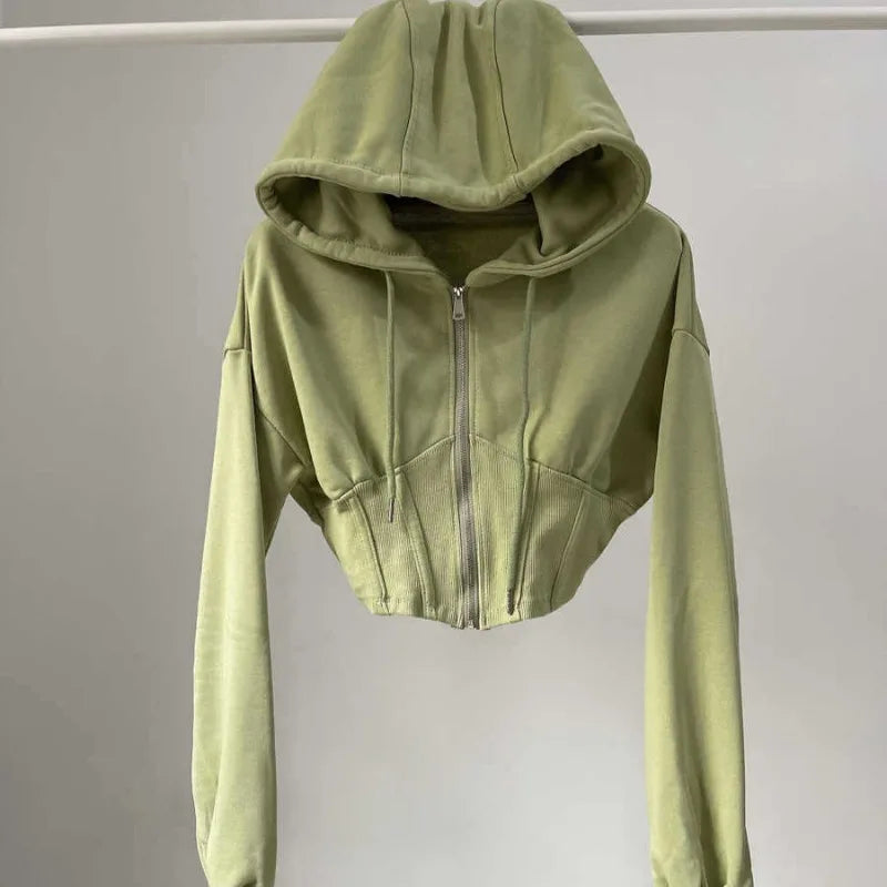 Hooded hoodie women's ultra short waist cinched open top jacket with exposed navel