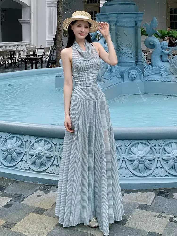 French Holiday Style Blue-green Striped Chiffon Waist-cinching Long Halter Neck Dress for Women, New Summer 2026