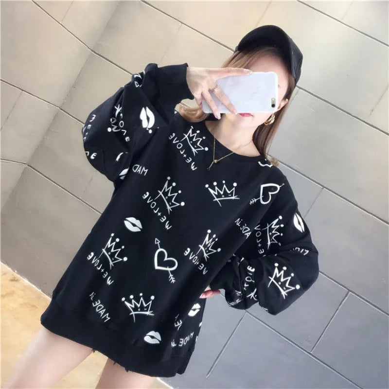 Women's Sweatshirts Black Youthful Clothes Emo Sport Korean Streetwear Y2k Japanese New In Plus Size Female Pullover Top Graphic