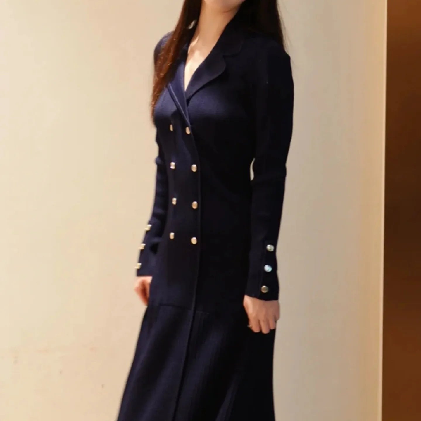 Women's double-breasted dress V-neck ruffle long sleeve slim fit evening dress grand holiday party ladies robe