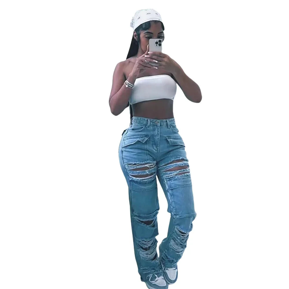 Women Jeans Denim Patchwork Straight Pants Holes Distressed Pockets Washing High Street Low Waist Zipper Fly Flat Winter