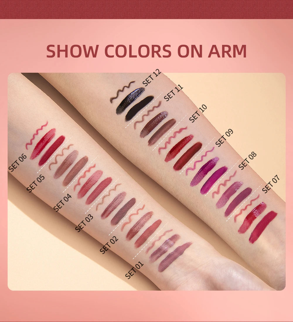 3pcs Lip Makeup Sets Lip Gloss Glaze Tint Long-lasting Matte Liquid Lipstick Waterproof Sweatproof Lip Liner Pencil Contour Kits