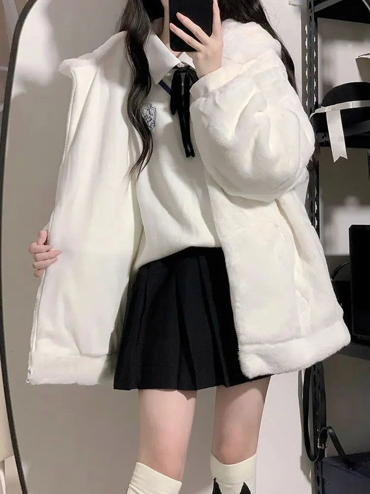 White Hoodies Women Baggy Hooded Sweet Kawaii Clothes Korean Fashion Pure Minimalist Preppy Cozy Front Pockets Zip-Up Girlish