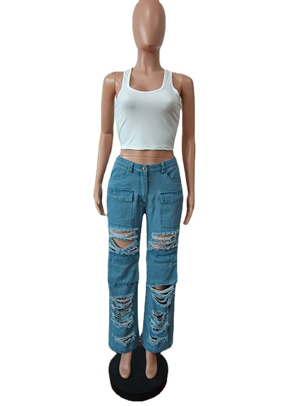 Women Jeans Denim Patchwork Straight Pants Holes Distressed Pockets Washing High Street Low Waist Zipper Fly Flat Winter