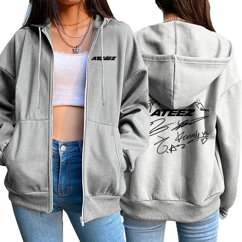 K-pop Fashion Hoodies for Women 2025 New Arrival Girls ATEEZ Signature Fans Zipper Jackets All Season Daily Casual Sports Coats