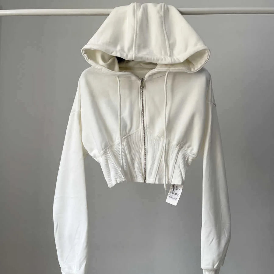 Hooded hoodie women's ultra short waist cinched open top jacket with exposed navel