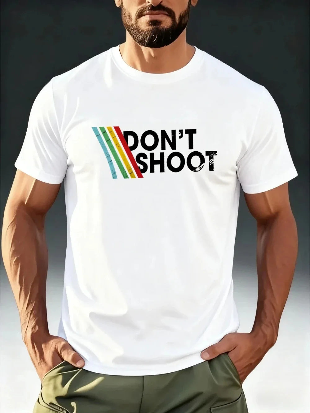 Men's Fashion T-Shirt Short Sleeve DON'T SHOOT Vintage Rainbow Stripe Print Men's T-shirts for Summer