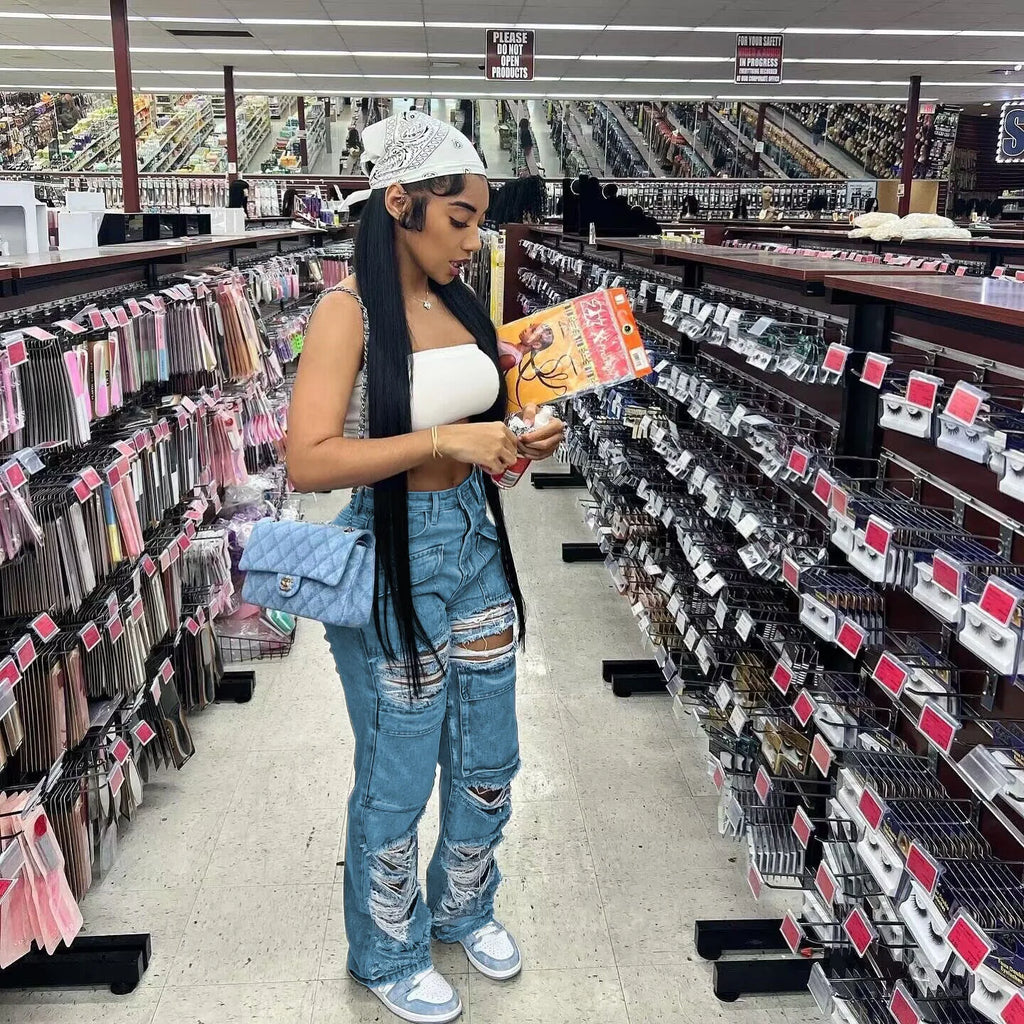 Women Jeans Denim Patchwork Straight Pants Holes Distressed Pockets Washing High Street Low Waist Zipper Fly Flat Winter