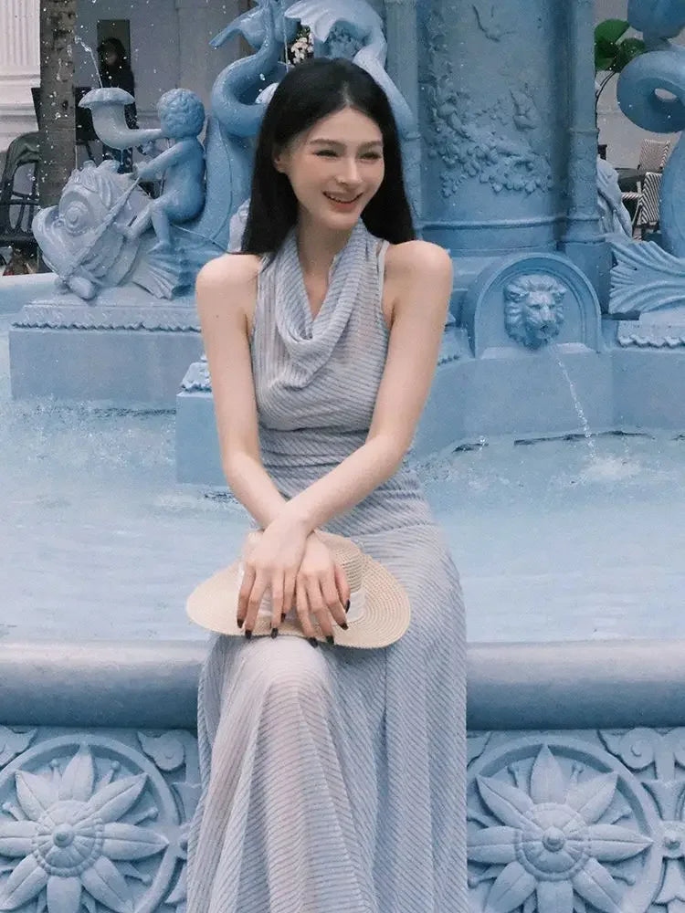 French Holiday Style Blue-green Striped Chiffon Waist-cinching Long Halter Neck Dress for Women, New Summer 2026