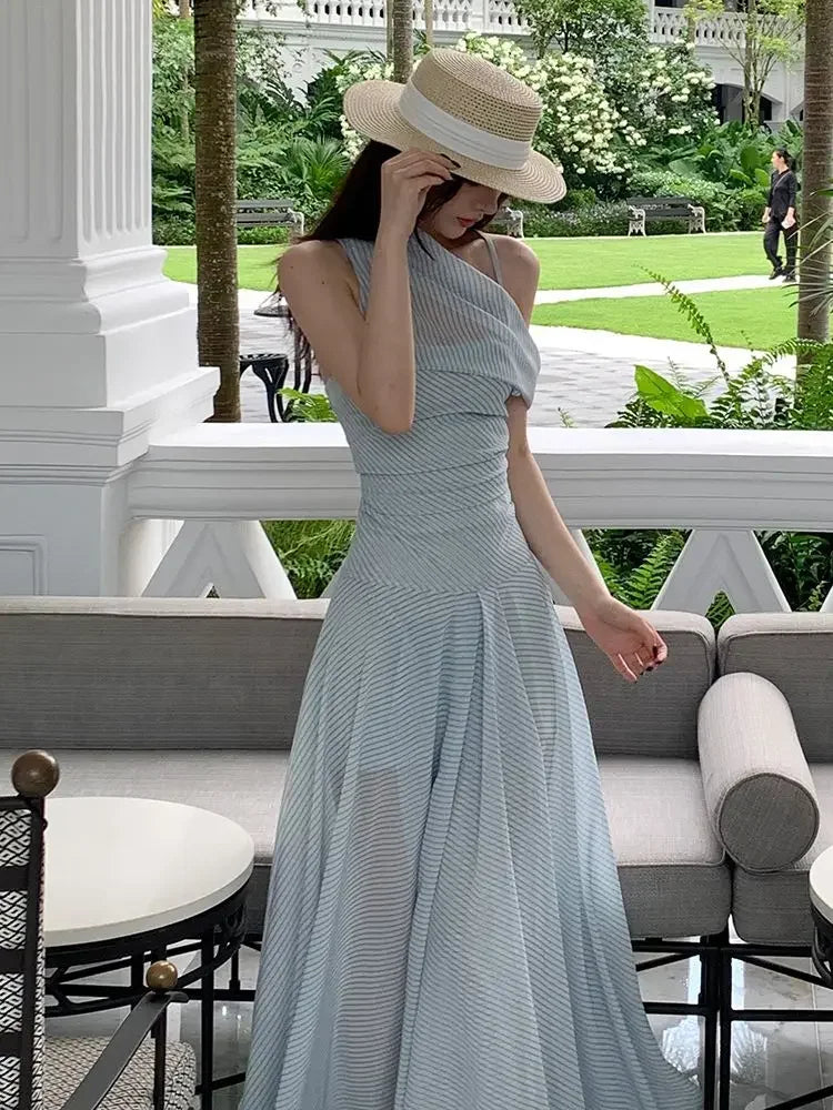 French Holiday Style Blue-green Striped Chiffon Waist-cinching Long Halter Neck Dress for Women, New Summer 2026