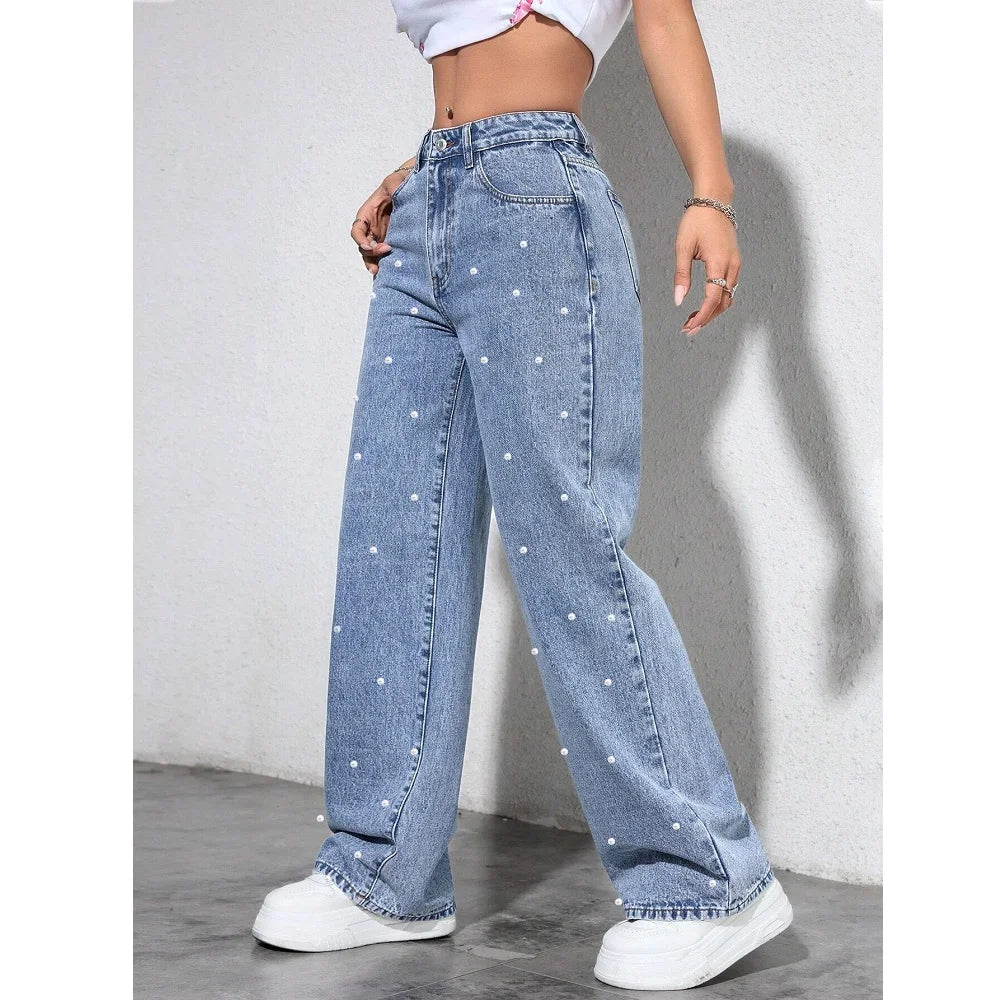 Women High Waist Denim Jeans Ladies Fashion Beading Straight Pants