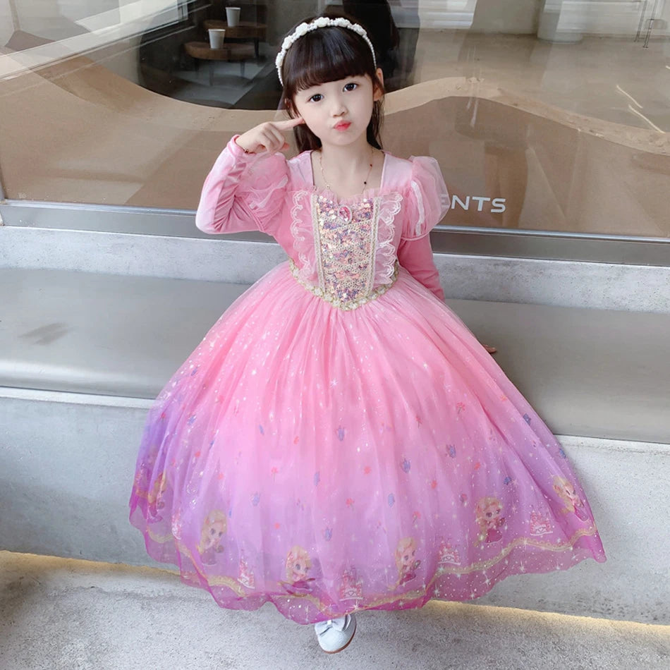 Girls Princess Pink Dress Children Rapunzel Pink Clothing Girls Spring Autumn and Winter Velvet Dress Kids Stage Performs Clothe
