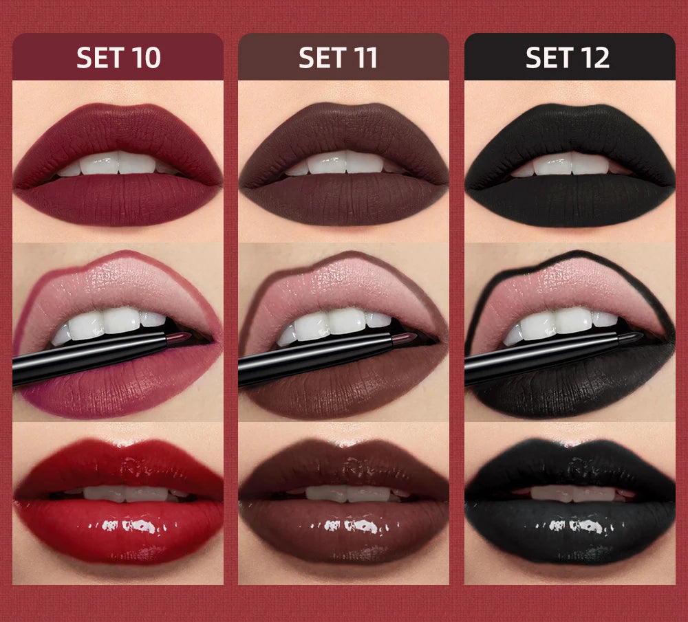 3pcs Lip Makeup Sets Lip Gloss Glaze Tint Long-lasting Matte Liquid Lipstick Waterproof Sweatproof Lip Liner Pencil Contour Kits