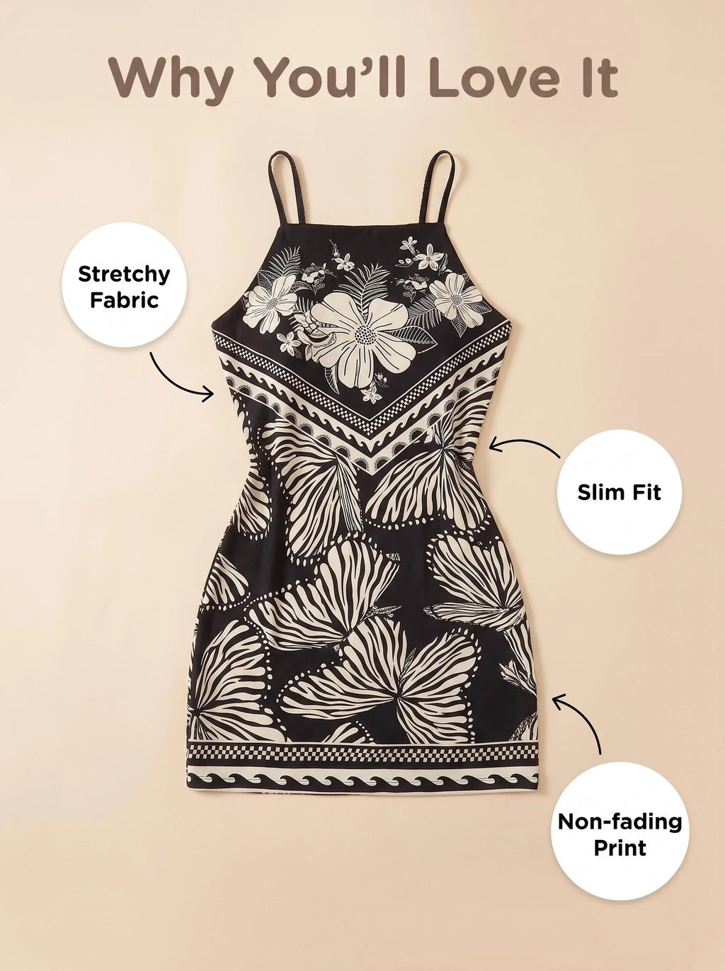 Butterfly Print Pattern, Thin Shoulder Strap, Sleeveless, sexy Dress with Detachable Vest.