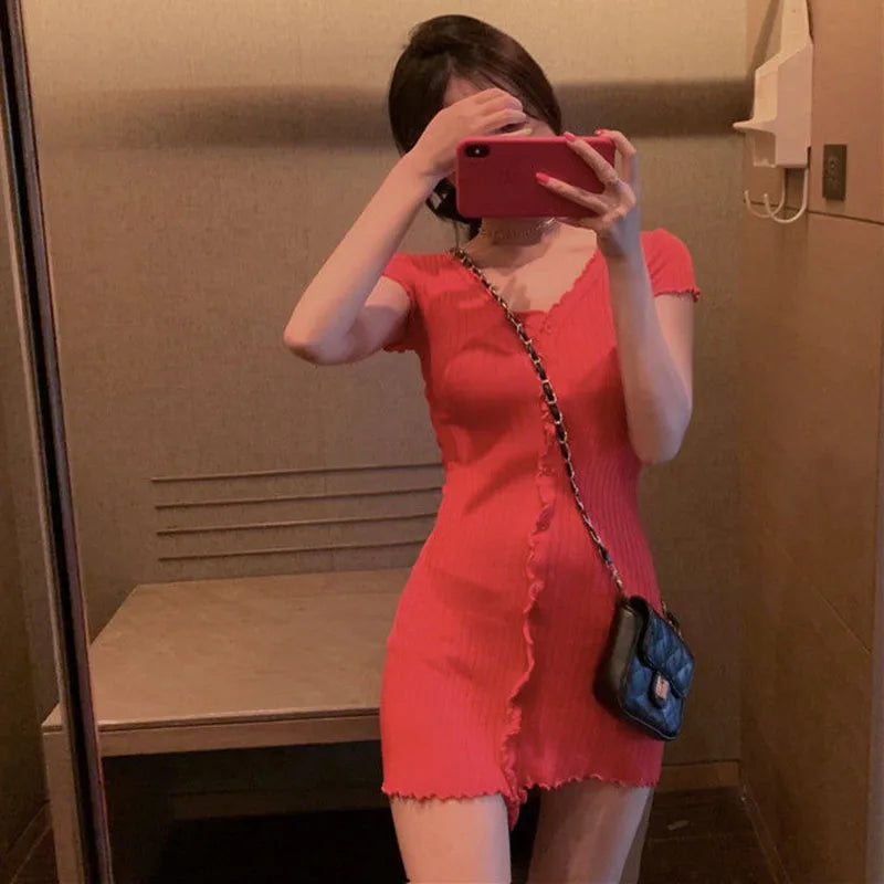 French Sexy Skinny Dress for Woman 2023 Summer V-Neck Button Design Blue Short Sleeve Dresses Women Sweet Holiday Bag Hip Dress