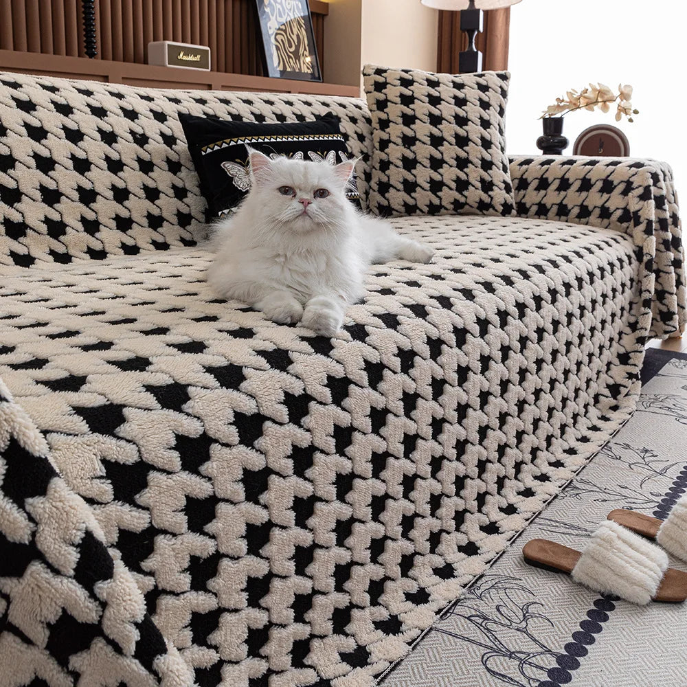 Houndstooth Soft Plush Throws Blankets for Sofa Bohemian Style Jacquard Sofa Cushion Cover Oversized Furniture Protector Blanket