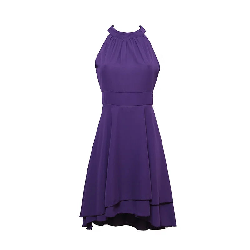 Women Elegant Dress Summer Solid High Waist Halter Sleeveless Midi Dresses Ladies Cropped Layered Chiffon Party Slim Dresses