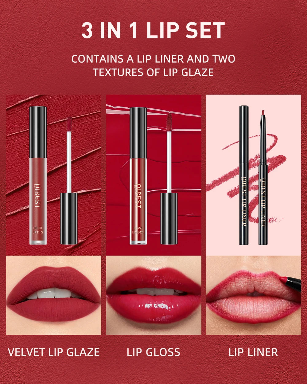 3pcs Lip Makeup Sets Lip Gloss Glaze Tint Long-lasting Matte Liquid Lipstick Waterproof Sweatproof Lip Liner Pencil Contour Kits