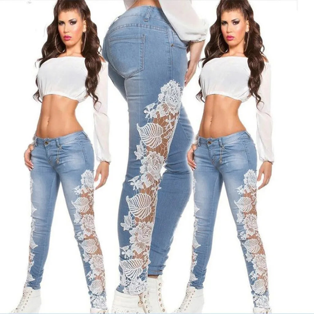 Denim Women'S Jeans Lace Hollow Out Appliques Transports Match Pencil Floral Fashion Pants Jeans Push Up Leggings Y2k Clothes