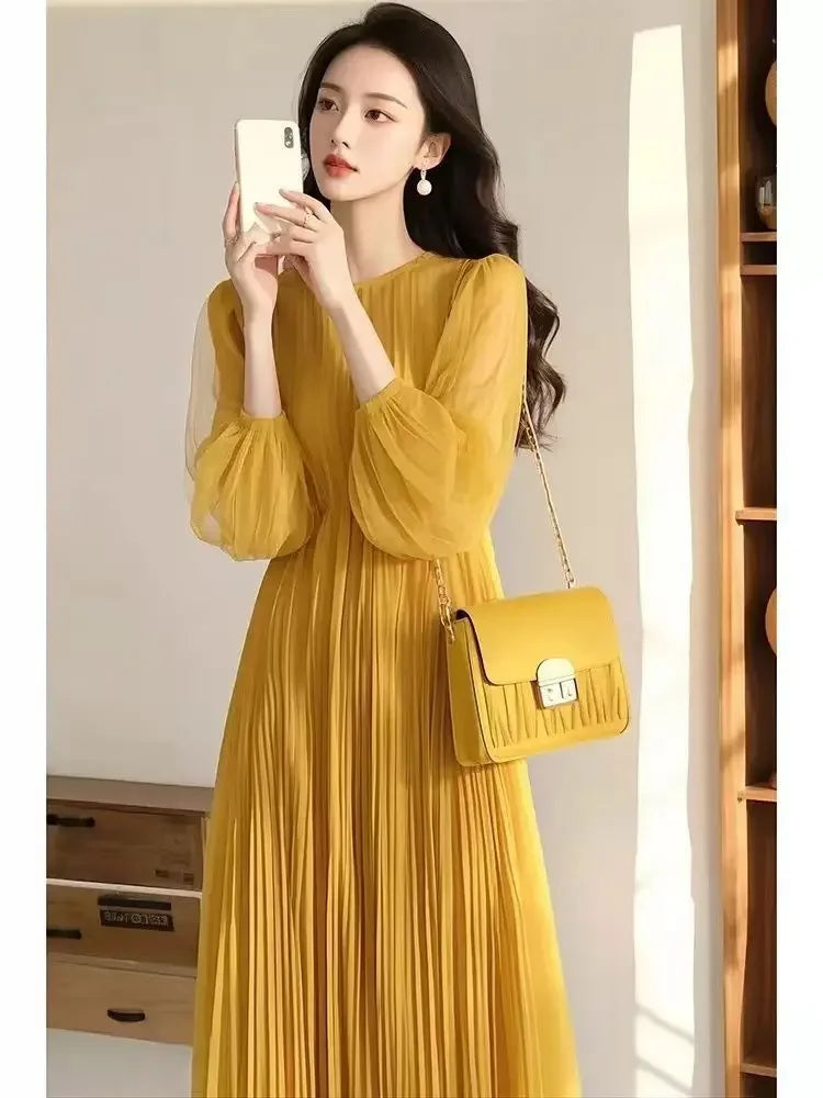 French Dress for Women with Exquisite High-end Feel Loose Slim Blue Chiffon Round Neck Long-sleeved Skirt