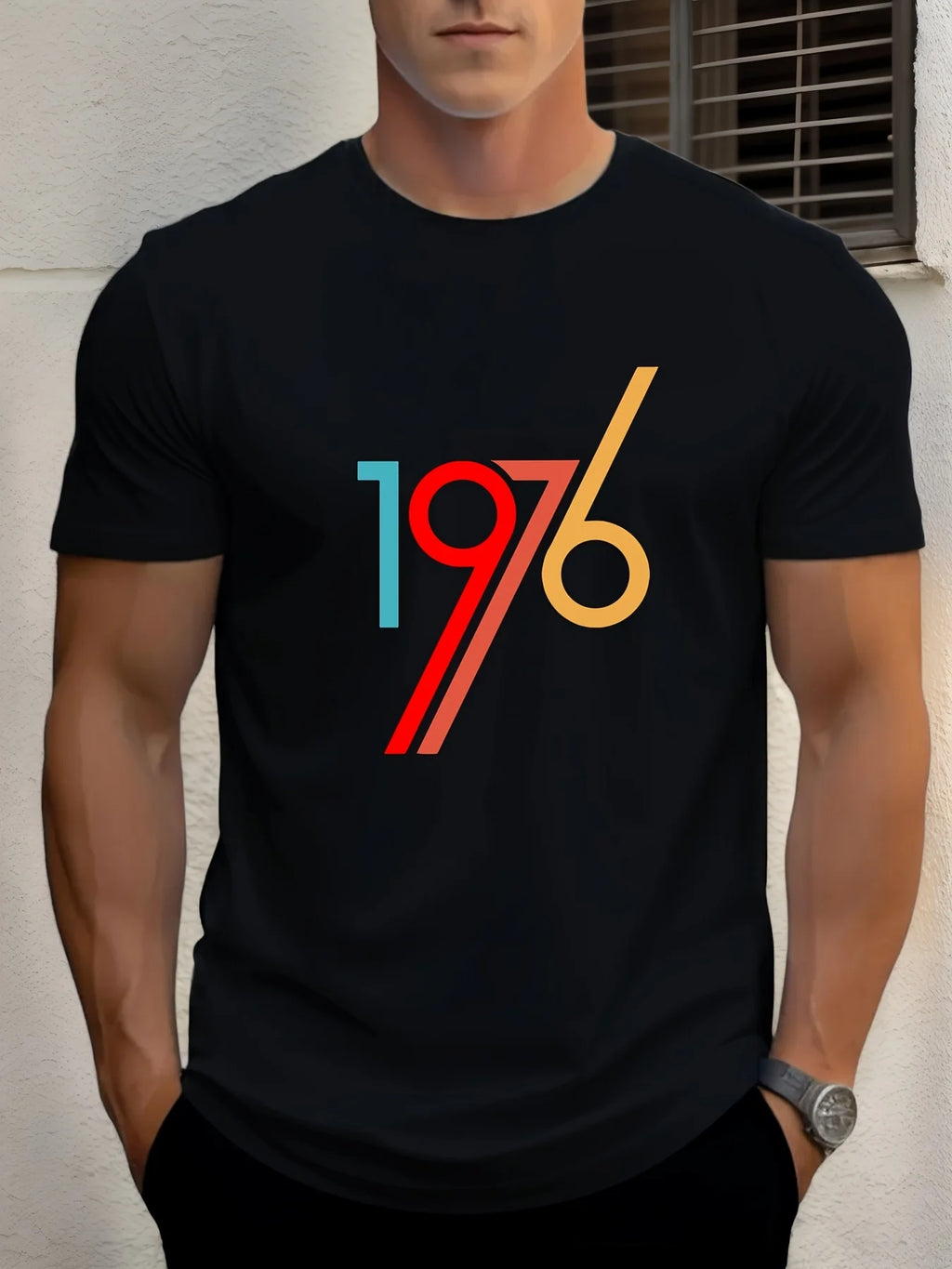 2026 Men'S 1976 Graphic T-Shirt - A Black Summer Tee Showcasing a Colorful Number Design, Featuring a Crew Neck And Short Sleeve