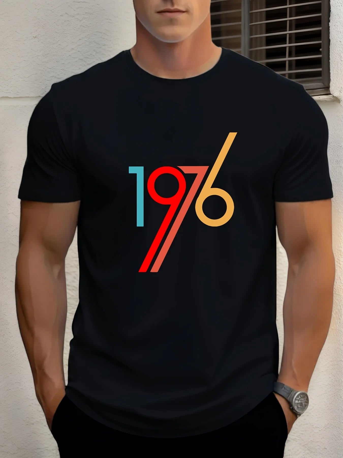 2026 Men'S 1976 Graphic T-Shirt - A Black Summer Tee Showcasing a Colorful Number Design, Featuring a Crew Neck And Short Sleeve