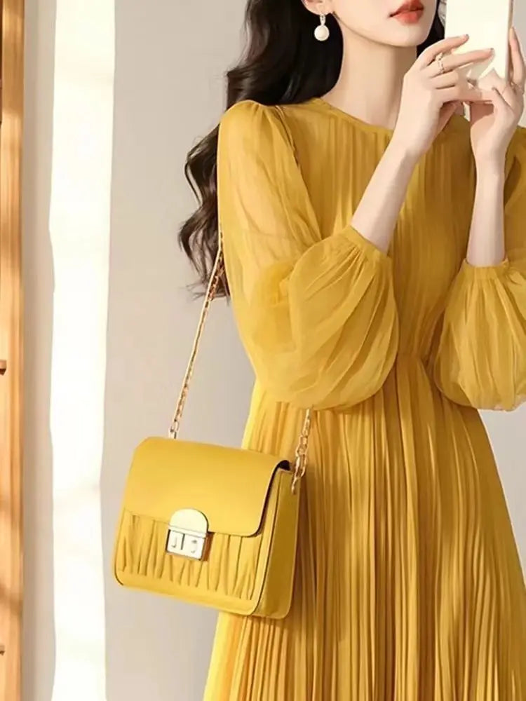 French Dress For Women Spring 2025 High-End Loose And Blue Chiffon Round Neck Long Sleeved Pleated Dress w531
