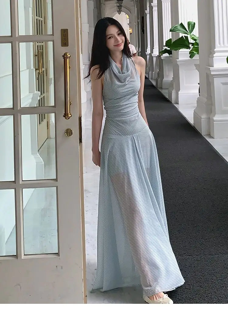 French Holiday Style Blue-green Striped Chiffon Waist-cinching Long Halter Neck Dress for Women, New Summer 2026