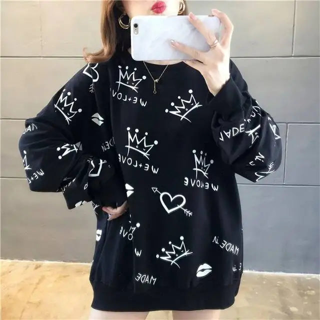 Women's Sweatshirts Black Youthful Clothes Emo Sport Korean Streetwear Y2k Japanese New In Plus Size Female Pullover Top Graphic