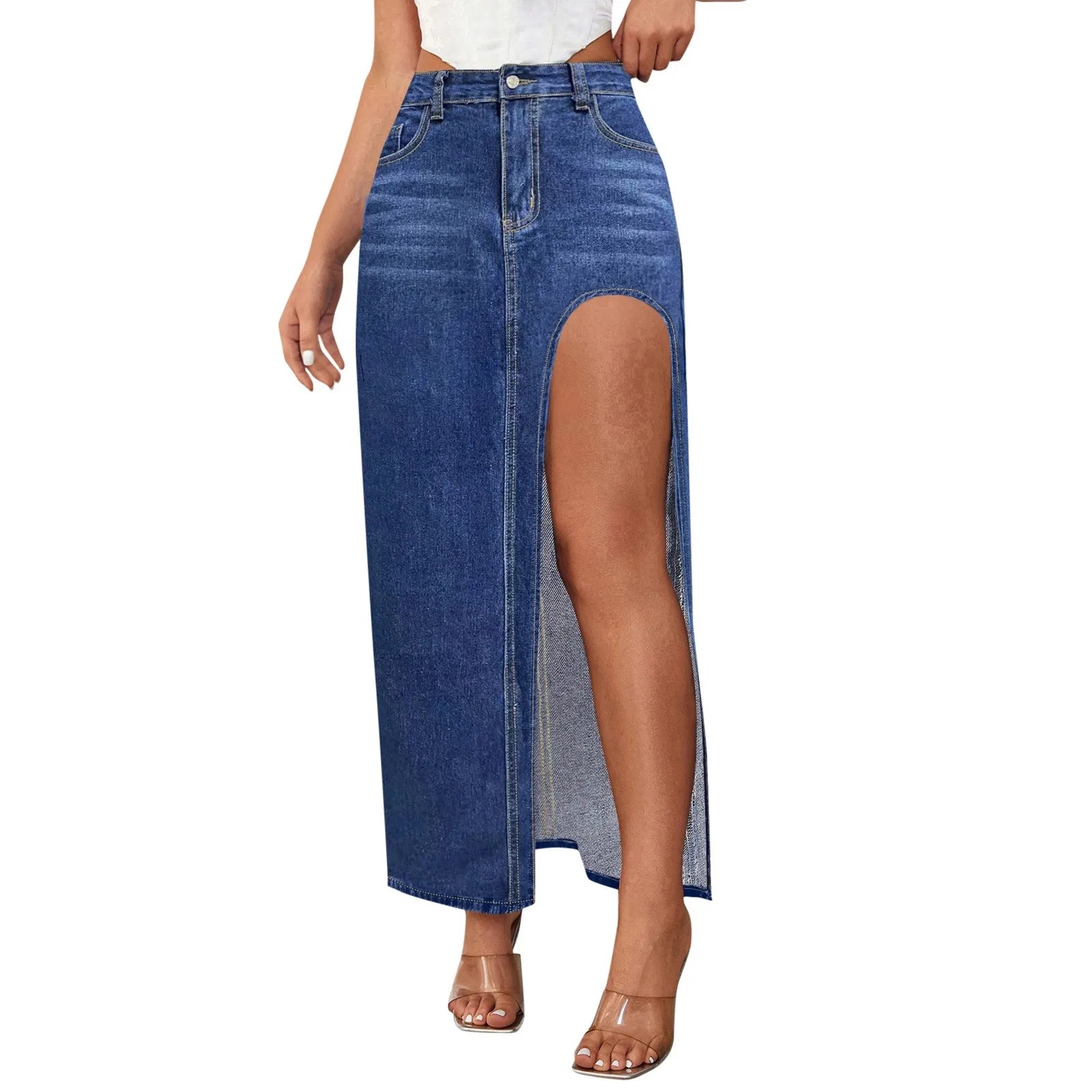 Fashion Design Women High Slit Long Skirt Spring Summer Washed Mid Length Skirt High Waist Denim Skirt Aesthetics Sexy Clothes