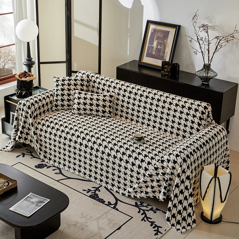 Houndstooth Soft Plush Throws Blankets for Sofa Bohemian Style Jacquard Sofa Cushion Cover Oversized Furniture Protector Blanket