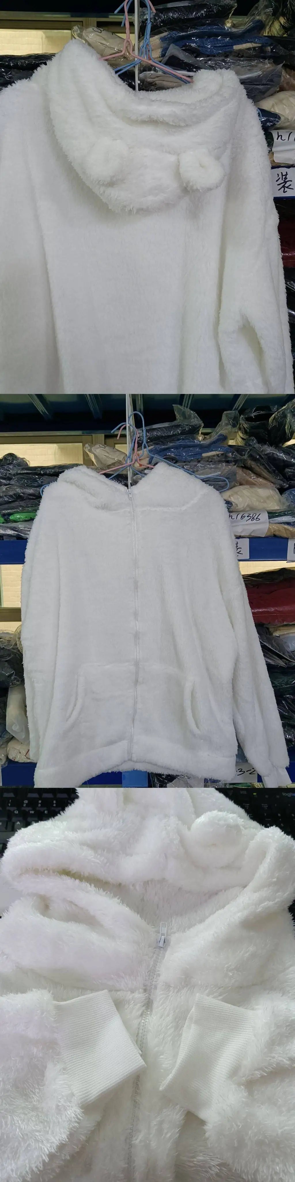 White Hoodies Women Baggy Hooded Sweet Kawaii Clothes Korean Fashion Pure Minimalist Preppy Cozy Front Pockets Zip-Up Girlish
