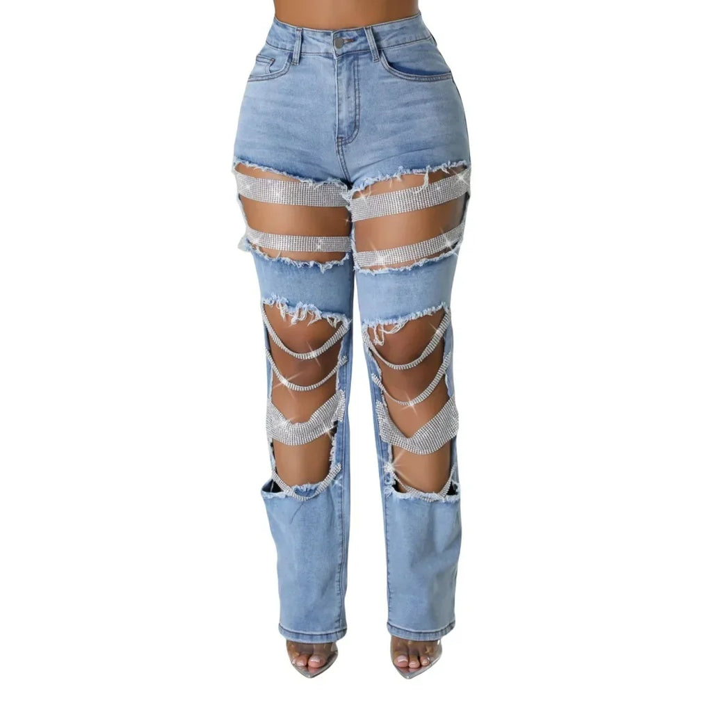 Women Fashion Pearl Beading Ripped Hollow Out Tassel Wide Leg Jeans 2026 New Summer INS Street Denim Pants Trousers